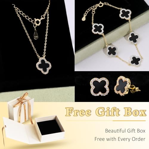925 Sterling Silver Four Leaf Clover Bracelet – Real Silver Lucky Clover Jewelry for Women, Dainty Good Luck Gift for Her - color: Gold – Black Onyx Set