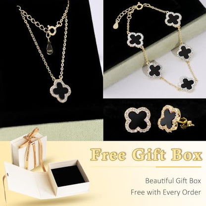 925 Sterling Silver Four Leaf Clover Bracelet – Real Silver Lucky Clover Jewelry for Women, Dainty Good Luck Gift for Her - color: Gold – Black Onyx Set