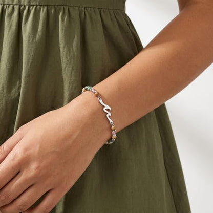 Natural Stone Beaded Bracelet for Women with Wave/Cross Charm - Stainless Steel Adjustable Resilience & Faith Jewelry, Earthy Boho Gift for Her - color: Silver-Wave