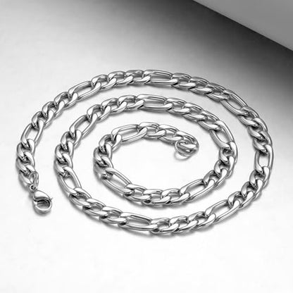 Monily 24K Gold Plated Figaro Chain Stainless Steel Necklace Men Women - color: Silver 12mm