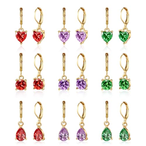 Multicolor Crystal Dangle Studs Earrings Set for Women 925 Silver Hypoallergenic Dangle Earrings Leverback Drop Earring Fashion Cubic Zirconia Leverback Stud Earring Sets Trendy Cubic Zirconia Jewelry Gifts for Women - style: 9-G