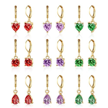 Multicolor Crystal Dangle Studs Earrings Set for Women 925 Silver Hypoallergenic Dangle Earrings Leverback Drop Earring Fashion Cubic Zirconia Leverback Stud Earring Sets Trendy Cubic Zirconia Jewelry Gifts for Women - style: 9-G