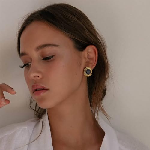 Chunky Gold Geometric Stud Earrings Trendy Vintage 14K Gold Plated Black Cubic Zirconia Statement Cocktail Earrings Dupes Jewelry for Women - style: Black Stone A