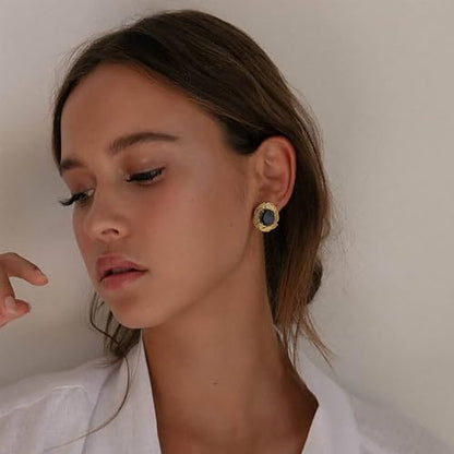 Chunky Gold Geometric Stud Earrings Trendy Vintage 14K Gold Plated Black Cubic Zirconia Statement Cocktail Earrings Dupes Jewelry for Women - style: Black Stone A