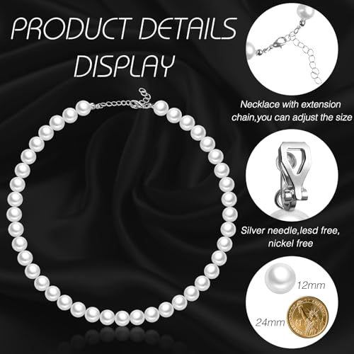 3 Pcs Pearl Jewelry Set Faux Pearl Clip on Earring Necklace Bracelet for Women Bridesmaid Birthday Wedding Gift - color: White, size: 12 mm