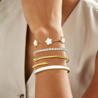 MOINSPIRE Gold Bracelets for Women, 18K Gold Plated Tennis Nail Clover love Bangle Bracelets Set Non Tarnish, Stainless Steel Trendy Stackable Bracelet Fashion Jewelry Accessories Gifts for Christmas - color: A2-White