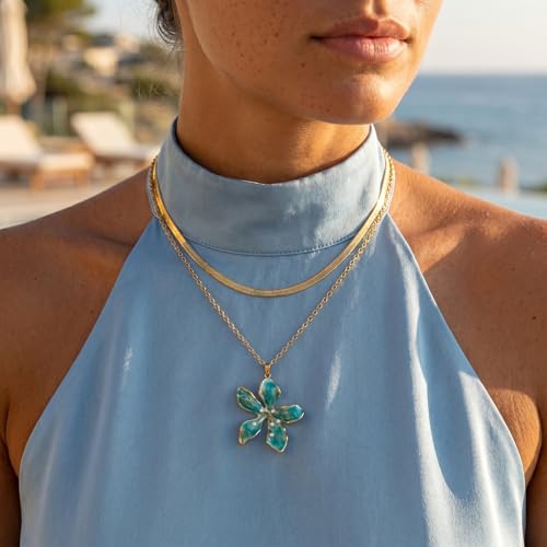 Gmai Flower Layer Necklace for Women 18K Floral Pendant Boho | White Pearl,Snake Chain,Statement Choker,Dainty,Summer,Vintage,Pleated,Everyday,Jewelry Gift