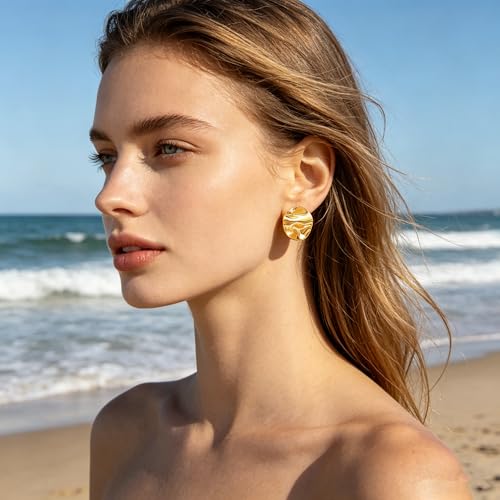 Gold Statement Earrings For Women, 14K Gold Plated Textured Geometric Drop Earrings - Hypoallergenic Stainless Steel Statement Earrings for Women, Waterproof Fan-Shaped Dangle Earrings for Beach & Daily Wear - color: Disc DKE25215GL