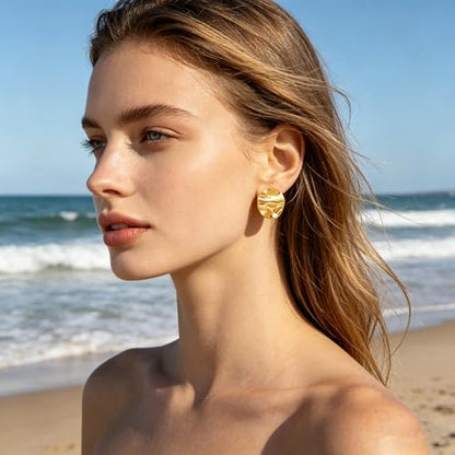 Gold Statement Earrings For Women, 14K Gold Plated Textured Geometric Drop Earrings - Hypoallergenic Stainless Steel Statement Earrings for Women, Waterproof Fan-Shaped Dangle Earrings for Beach & Daily Wear - color: Disc DKE25215GL
