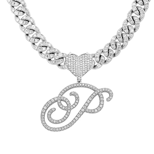 Initial Necklaces Silver Cuban Link Chain for Women Iced Out Chain with Heart Letter Pendants Custom Chain Name Necklace Hip Hop Jewelry Gift - color: P