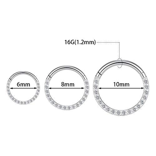GAGABODY Septum Ring 16 Gauge Earrings Daith Jewelry Surgical Steel Hinged Nose Rings Nose Hoop Cartlidge Earring Hoop Helix Rook Piercing Jewelry - color: Style1:1pc Silver-Clear CZ