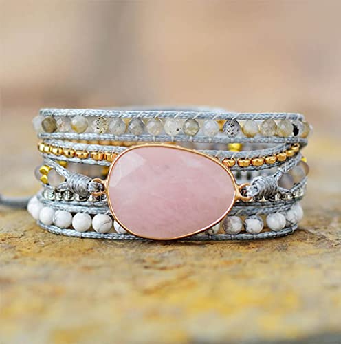 Women Wrap Bracelet Boho Natural Jasper Crystal Stone Beads Strand Bracelets - color: Style 04-Pink Quartz