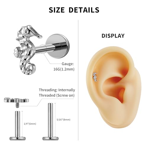 FINE4U 1PC 16G ASTM F136 Titanium Octopuses Piercings Jewelry with 6mm 8mm Post for Conch Helix Flat Labret 16G 6mm 8mm - color: Seahorses - Tit