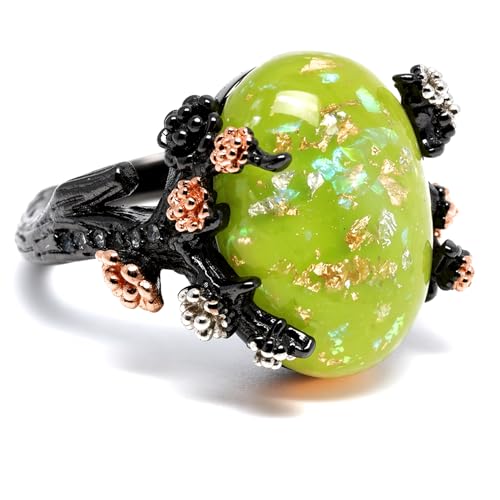 Henrietta Gothic Opal Ring for Women, Fantasy Promise Ring by Ginger Lyne | Simulated White Fire Opal, Cubic Zirconia Black Rose Gold Plated Bold Jewelry Statement Piece For Engagements, Gifts & Events - color: Green-Gold