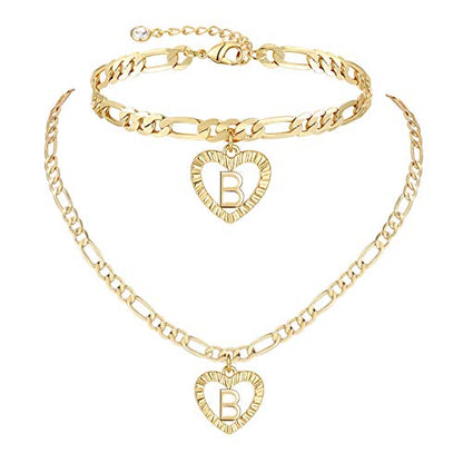 YANODA Gold Initial Pendant Necklace Anklet Bracelet for Women 14K Gold Plated Figaro Chain Letter Initial Heart Necklace Anklets Alphabet Foot Jewelry Personalized Jewelry for Women - style: B