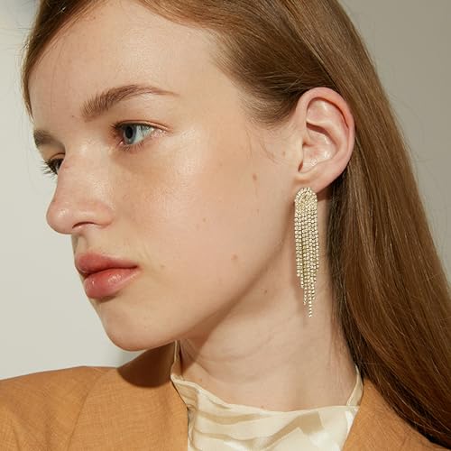 HERIER Rhinestone Earrings Dangling for Women Chandelier Statement Tassel Earrings Girls Silver Sparkly Drop Cubic Zirconia Crystal Earrings Long Dangle Costume Jewelry - color: Gold-Round Tassel
