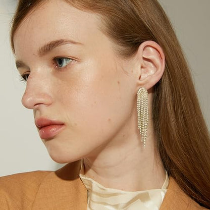 HERIER Rhinestone Earrings Dangling for Women Chandelier Statement Tassel Earrings Girls Silver Sparkly Drop Cubic Zirconia Crystal Earrings Long Dangle Costume Jewelry - color: Gold-Round Tassel