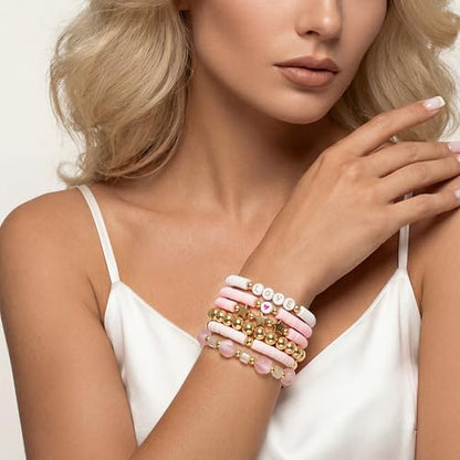 Summer Surfer Heishi Bracelet Set for Women Stackable Gold Plated Clay Ploymer Bead Stretch Pink Beach Layering Bracelets Jewelry - color: B-A6 plastic 6pcs