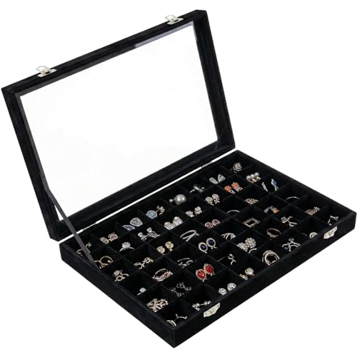 Velvet Jewelry Tray 48 Compartments Jewelry Box Display Organizer with Transparent Cover Earrings, Rings,Necklaces, Pendants Storage Box for Girls, Women,Wife, Mother (48Grid-Black) - color: 48Grid-Black