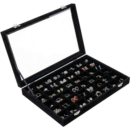Velvet Jewelry Tray 48 Compartments Jewelry Box Display Organizer with Transparent Cover Earrings, Rings,Necklaces, Pendants Storage Box for Girls, Women,Wife, Mother (48Grid-Black) - color: 48Grid-Black