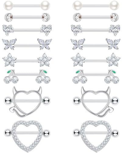 8 Pairs Gold Plated Nipple Rings for Women 14G Surgical Stainless Steel Nipple Piercing Jewelry Heart Cherry Butterfly Flower Nipple Barbells - color: Silver Tone Clear CZ