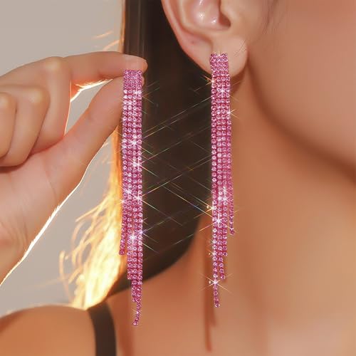 Rhinestone Clip on Earrings for Women Gold/Silver Prom Dresses 2026 Sparkly Chandelier Long Earrings Wedding Guest Jewelry - color: Pink Clip on
