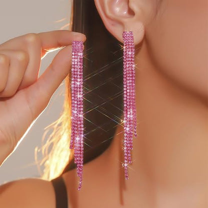 Rhinestone Clip on Earrings for Women Gold/Silver Prom Dresses 2026 Sparkly Chandelier Long Earrings Wedding Guest Jewelry - color: Pink Clip on