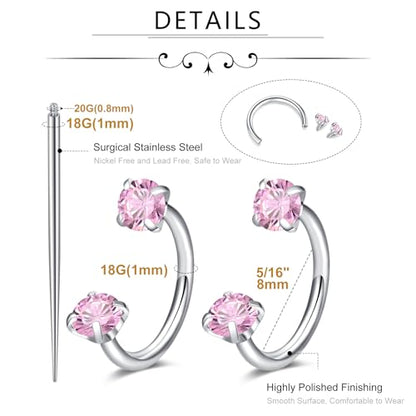 MODRSA Silver Gold Horseshoe Nose Ring 18g Double Gem Horse Shoe Nose Ring Hoop for Women Surgical Steel Half Hoop U Shape Tragus Earring Hoops Labret Lip Helix Piercing Jewelry Septum Rings 18 Gauge - color: C1- 18g Pink zircon -silver 2pcs