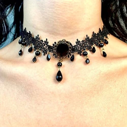 Fesciory Black Necklaces for Women, Adjustable Layered Velvet Leather Lace Collar Necklace, Goth Jewelry Gifts. - color: Black Crystal