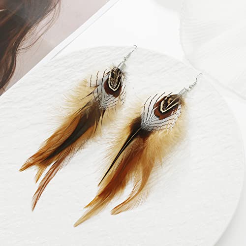 Bohemian Pheasant Peacock Long Feathers Statement Earrings Handmade Natural Lightweight Feather Dangle Earrings for Women (ea000071) - color: Silver Pheasant Brown