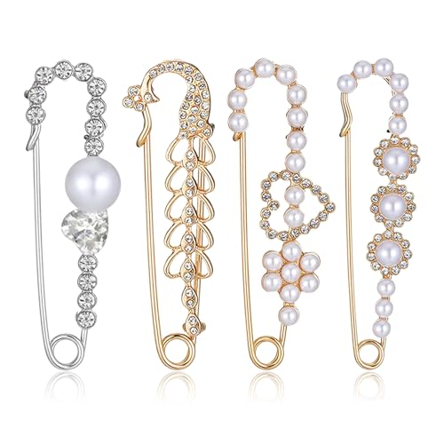 4 PCS Pearl Safety Pins and Brooches for Women | Decorative Safety Pins for Clothes Pearl Brooch Pin Sweater Shawl Clip Crystal Brooches for Clothes Dress Shirt Pants