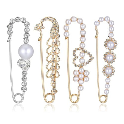 4 PCS Pearl Safety Pins and Brooches for Women | Decorative Safety Pins for Clothes Pearl Brooch Pin Sweater Shawl Clip Crystal Brooches for Clothes Dress Shirt Pants