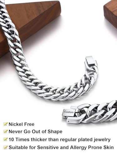 ChainsHouse Stainless Steel Cuban Link Bracelet, 6mm/8mm/12mm/17mm Width, 7.5"/8.3"/9", Black/ 18K Gold Plated Chain Wrist Bracelets for Men Women, Send Gift Box - color: Q: Steel-12mm width-custom