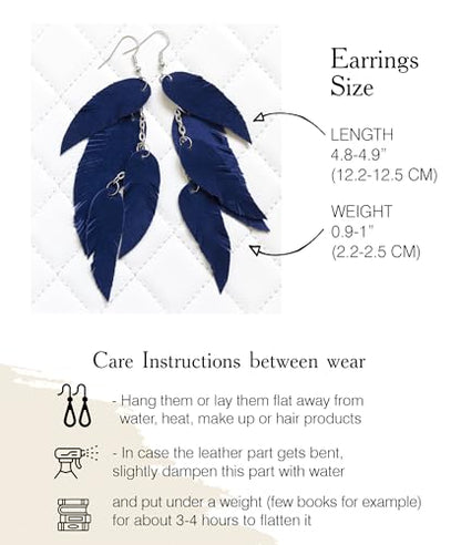 Leather Feather Earrings, Suede layered earrings, boho wedding jewelry, summer earrings, gift for her, dangle earrings - color: dark blue