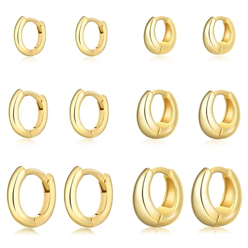 Wgoud Small Gold Hoop Earrings Set for Women, 6 Pairs 14K Gold Plated Hypoallergenic Lightweight Huggie Hoops Earrings, Trendy Cartilage Cubic Zirconia Earrings for Women Gifts. - color: 01Gold