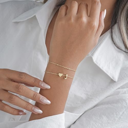 Gold Initial Bracelets for Women Trendy, Dainty Layered 14K Gold Plated Heart Letter Charm Bracelets, letter beads for name bracelets Jewelry Gifts - color: Gold-J