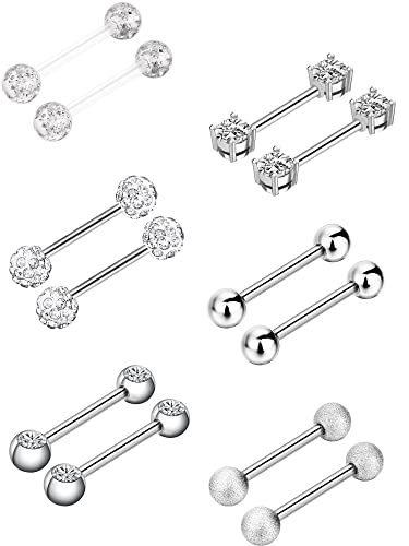 Sumind 14g Stainless Steel Nipple Tongue Rings Surgical Stainless Steel Straight Barbell Rings Body Nipple Piercing Cubic Zirconia Jewelry for Women Men