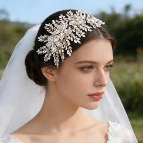 Teyglen Large Full Rhinestone Headband Flower Crystal Bride Wedding Headband Hair Vine Bridal Rhinestone Headpiece Wedding Hair Accessories for Women Party Prom (Golden) - color: Golden