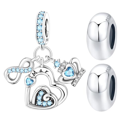 3PCS Birthstone Stone Charms for Charms Bracelet 925 Sterling Silver Infinity Love Heart Crown Dangle Charms Spacer Stopper Beads for Bracelets and Necklaces, Birthday Mother's Day Christmas Gifts For Women. - color: 03 Mar. 3PCS
