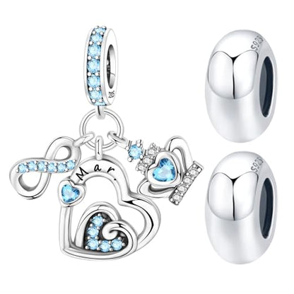 3PCS Birthstone Stone Charms for Charms Bracelet 925 Sterling Silver Infinity Love Heart Crown Dangle Charms Spacer Stopper Beads for Bracelets and Necklaces, Birthday Mother's Day Christmas Gifts For Women. - color: 03 Mar. 3PCS