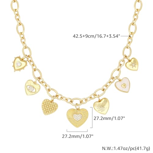 Charm Necklace for Women Gold Evil Eye Sun Moon Flower Coin Pendant Necklace Dainty Paperclip Chain Vintage Luck Amulet Choker Necklaces Celestial Jewelry Gift - style: 7 Charms- Heart,Evil Eyes