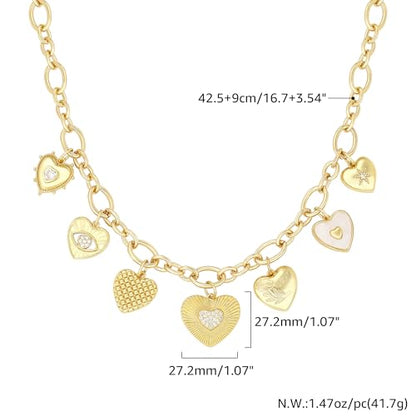 Charm Necklace for Women Gold Evil Eye Sun Moon Flower Coin Pendant Necklace Dainty Paperclip Chain Vintage Luck Amulet Choker Necklaces Celestial Jewelry Gift - style: 7 Charms- Heart,Evil Eyes