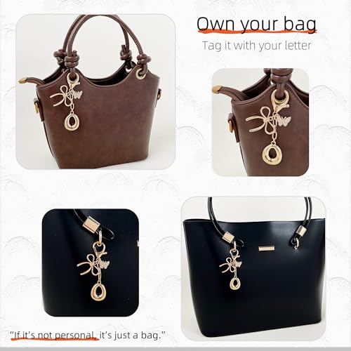 Gold Bubble Heart, Cherry, Bow & More Designs Letter Initial Keychain Bag Charms – Cute Purse Charms for Handbags - color: Bow & Butterfly, style: O