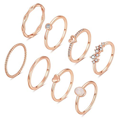RLMOON Gold Ring Set for Women Dainty Silver Rose Gold Stackable Rings | 14K Gold Plated Simple Heart CZ Pinky Stacking Thumb Rings Plain Band Size 4-12(8-12PCS) - color: Rose Gold Rings