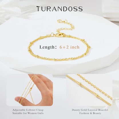 Turandoss Bracelets for Women Trendy | 14K Gold Plated, Dainty CZ Satellite Beads Heart Bracelet Stackable Link Chain Butterfly Bracelet Set Jewelry Gifts - color: Simple Beaded Link Bracelet