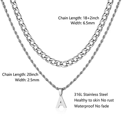 SENRAN Layered Initial A-Z Letter Necklace for Men Stainless Steel | Figaro Twist Rope Chain 18-20 inch Personalized Letter Charm Pendant Jewelry Gift for Women - style: S.