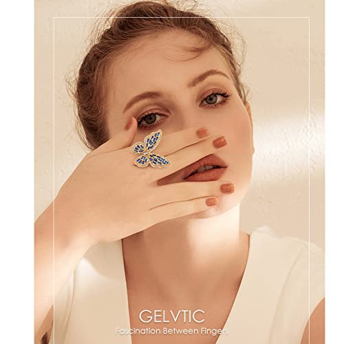 Butterfly Rings for Women Adjustable Golden Cocktail Ring Sparkly Stones Statement Silver Bow Open Wrap Bow Jewelry Bridesmaids Wedding Valentine’s Day Gift Lover Mother - color: JZ03-Gold Blue