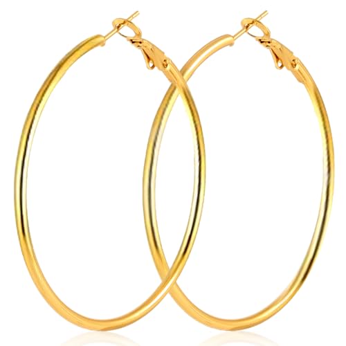 70mm Big Large Stainless Steel Gold Silver Hoop Earrings for Women | Hypoallergenic, Thin, 14K Gold Plated, Lightweight Dangle - color: 1 Pairs Gold-70mm