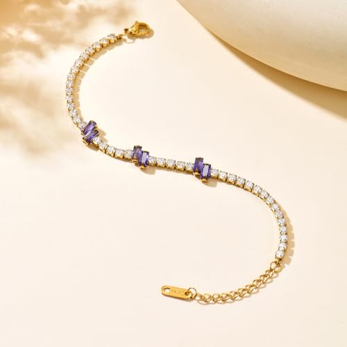 18K Gold Plated Cubic Zirconia Tennis Bracelet for Women Sparkling Stackable Stainless Steel Jewelry Hypoallergenic Tarnish Resistant Bridal Gift - color: Purple Baguette CZ-Gold