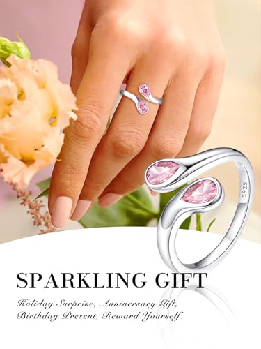 Bestyle Silver Birthstone Ring for Women, Dainty Sterling Silver Teardrop Ring Open Adjustable Band Ring, Love Statement TOI et Moi Ring Promise Ring for Her - color: 10.October (Pink Tourmaline)